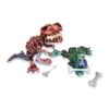 Two articulated T-Rex skeleton toys, one copper and one green, each holding a bone in its jaws.