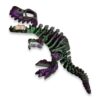 A purple and green T-Rex skeleton toy posed standing with a bone in its mouth.