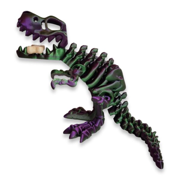 A purple and green T-Rex skeleton toy posed standing with a bone in its mouth.